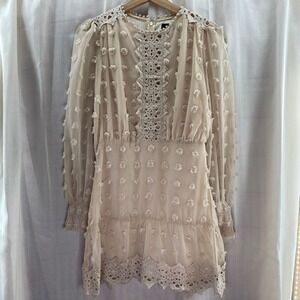 Lulus Beige Swiss Dot Lace Trim Tiered Mini Dress XS Bohemian Romantic Party